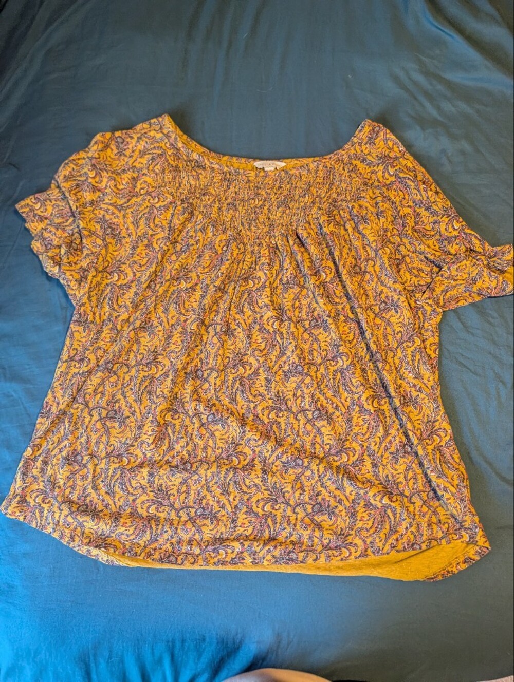 Lucky Brand Yellow Paisley Smocked Neck Blouse